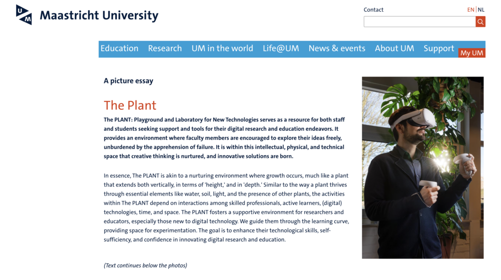 Screenshot from UM's website, with descriptive text to the left and a photo of a man wearing VR goggles to the right.