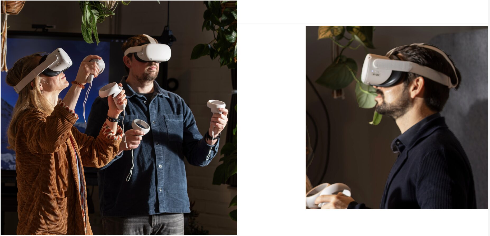 A woman in a brown jacket stands beside a man in a blue shirt. They both wear VR goggles.